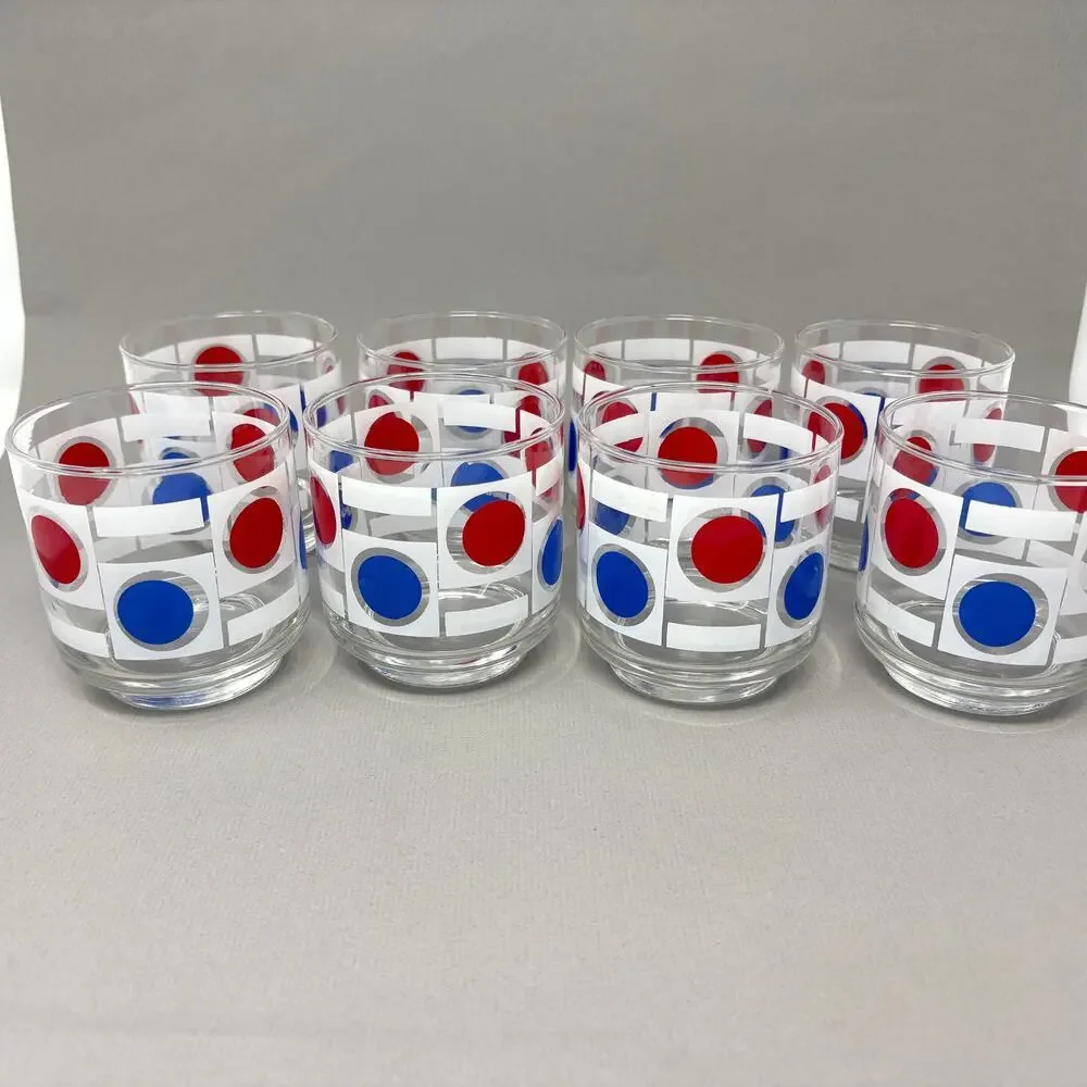 Set of 8 Vintage MCM Libbey Patriotic Red White Blue Dot Pattern Low Ball READ